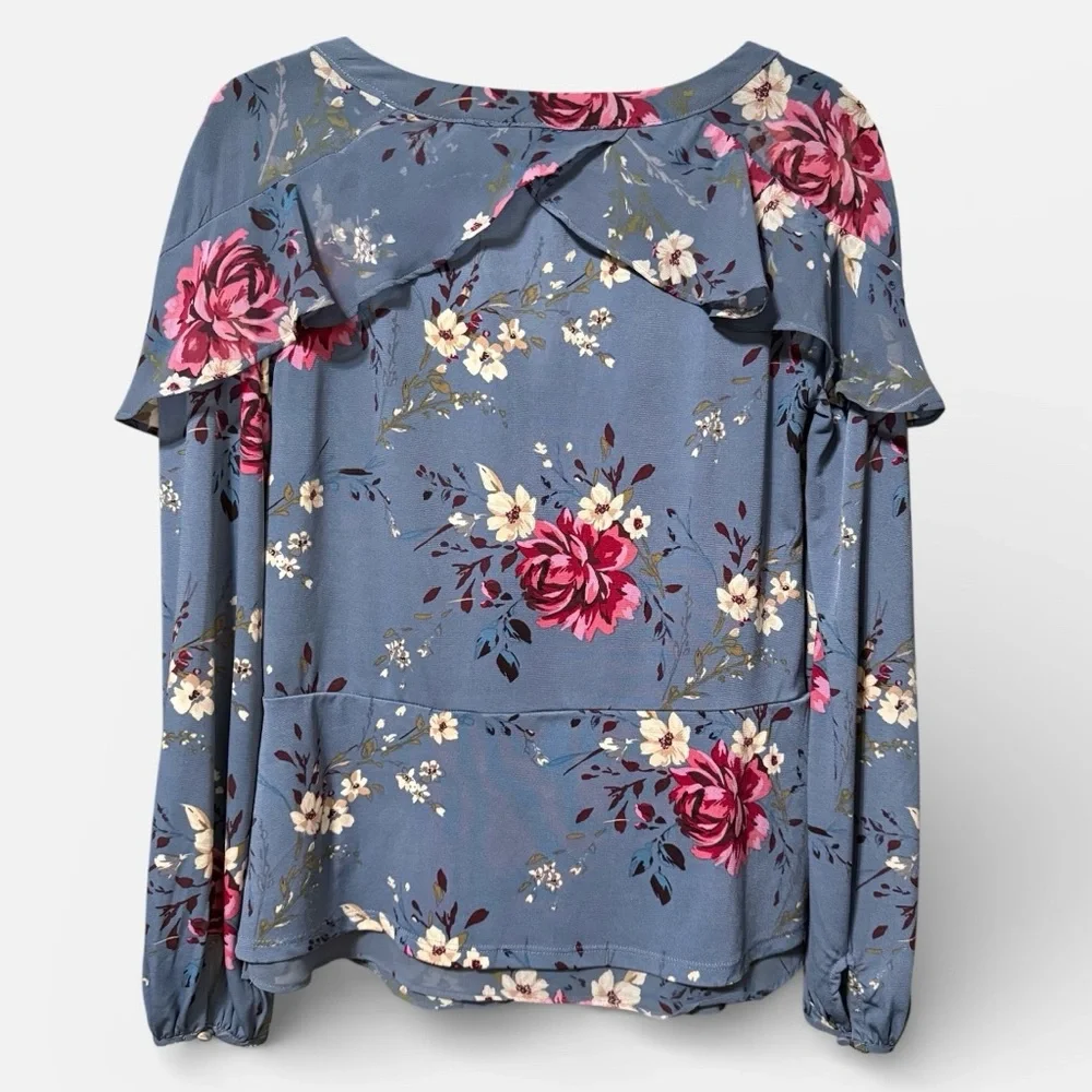 White House Black Market Blue Floral Ruffle Keyhole Blouse Size XXS Long Sleeve - Picture 3 of 7
